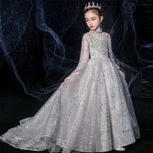 Осень-зима; Роскошные вечерние костюмы для девочек; платье принцессы с длинным шлейфом; детское платье с блестками для подиума