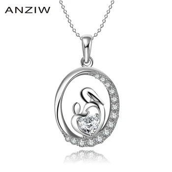 

AINUOSHI 925 Sterling Silver Pendant Necklace for Women Heart Mom&Child Silver Long Chain Necklace Wedding Gifts collar de plata
