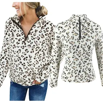 

Womens Blouse V Neck Zipper Jumper Sweater Leopard Pullover Tops Sweatshirt Blouse /BY