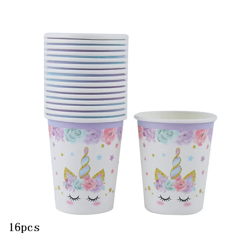 16pcs cup Фэнтези Фиолетовый единорог вечерние столовые приборы скатерть тарелка фиолетовый день рождения бумажный стаканчик бумажная салфетка детская Праздничная посуда - Цвет: 16pcs cup