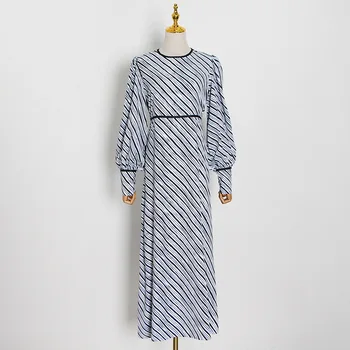 

HIGH QUALITY New 2020 Fashion Designer Runway Dress Women's O-Neck Lantern Sleeve Striped Floral Print Dress