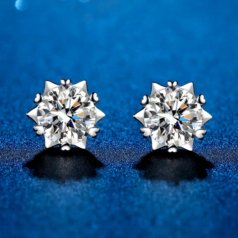 

Real Moissanite Earrings 1.0-4.0CT Diamond Studs Earrings Snowflake Design S925 Sterling Silver Plated 14K White Gold