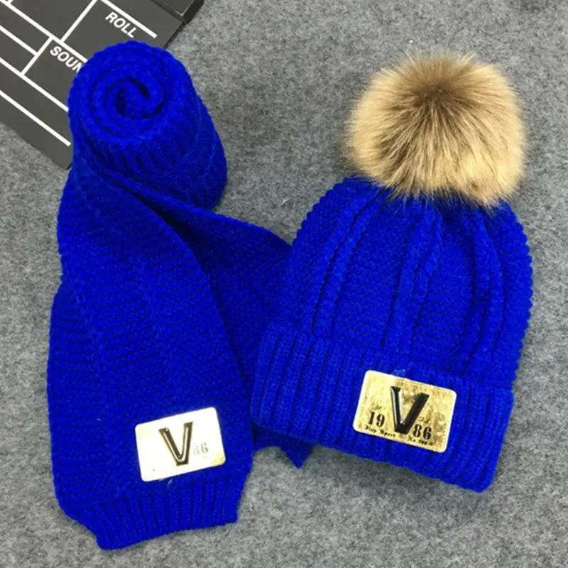 Toddler Kids Winter Chunky Crochet Pompom Warm Lining Beanie Hat Long Scarf Set