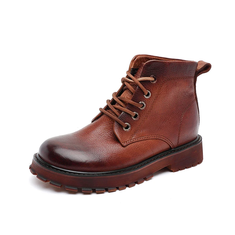 Г., осенние полусапожки женская обувь из натуральной кожи на шнуровке винтажные ботильоны на низком каблуке с круглым носком ручной работы - Цвет: Коричневый