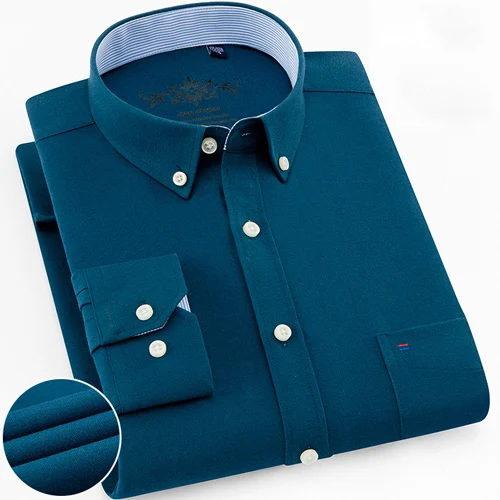 Мужская однотонная оксфордская рубашка с длинным рукавом, с левым нагрудным карманом, Высококачественная Мужская Повседневная рубашка на пуговицах - Цвет: Зеленый