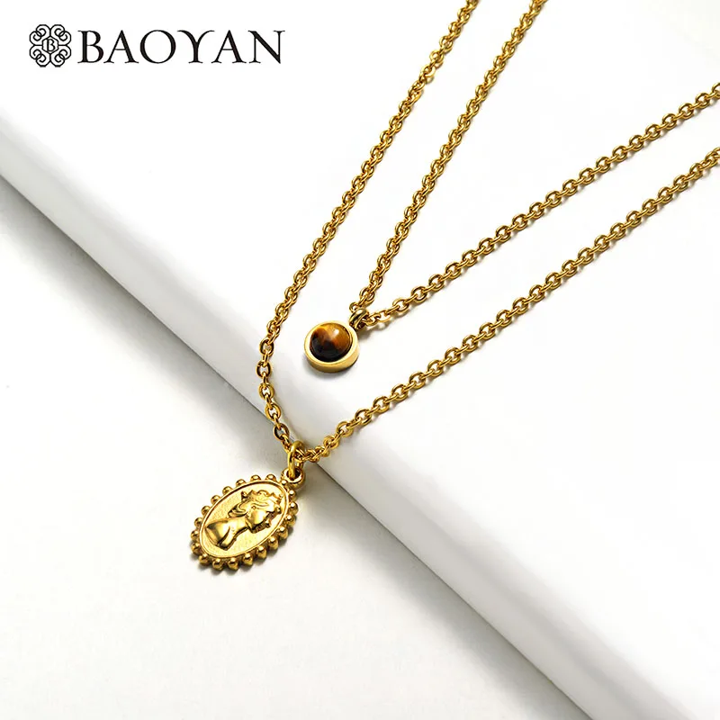 Baoyan модное многослойное ожерелье минималистичное ожерелье ручной работы из натурального камня с бусинами Золотое большое круглое колье с ангелом для женщин