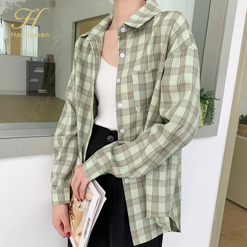 

H Han Queen Autumn Plus Size Plaid Women Blouses Vintage Ladies Tops Loose Casual Chiffon Blouse Female Work Wear Office Shirts