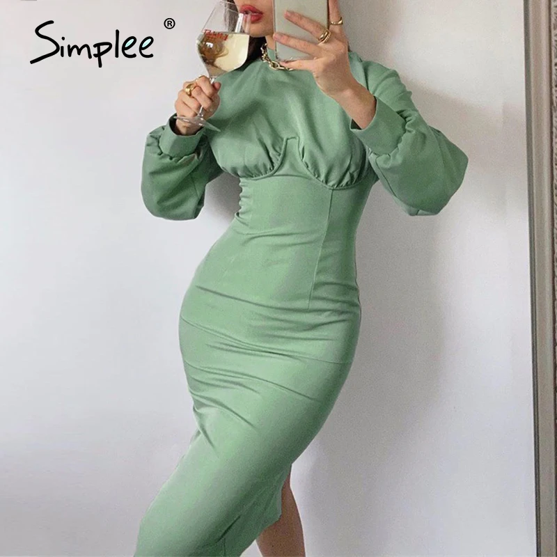 Simplee Palace style winter womens dress Elegant long sleeve high collar dress Retro High Waist casual womens dress 2020 new
