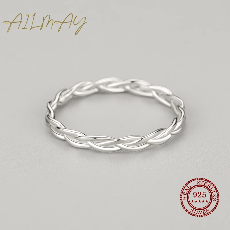 Real 925 Sterling Silver Simple Braided Texture Stackable Rings For Women Minimalist Fine Jewelry Ailmay silver ring,silver rings