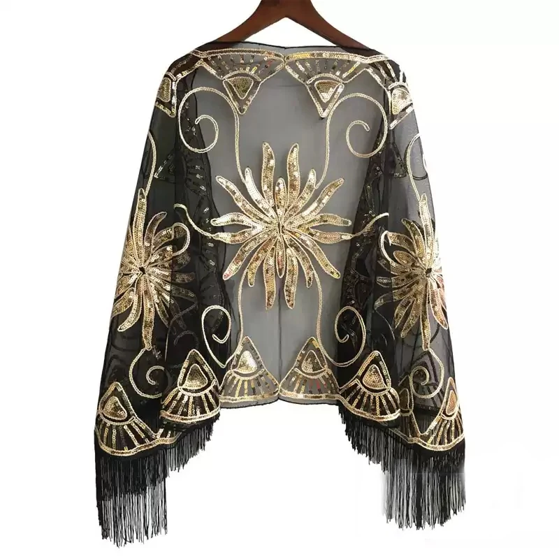

Roaing 20s Sequined Beaded Women's 1920s Scarf Wraps Sequin Deco Fringed Wedding Cape Evening Shawl Vintage Prom