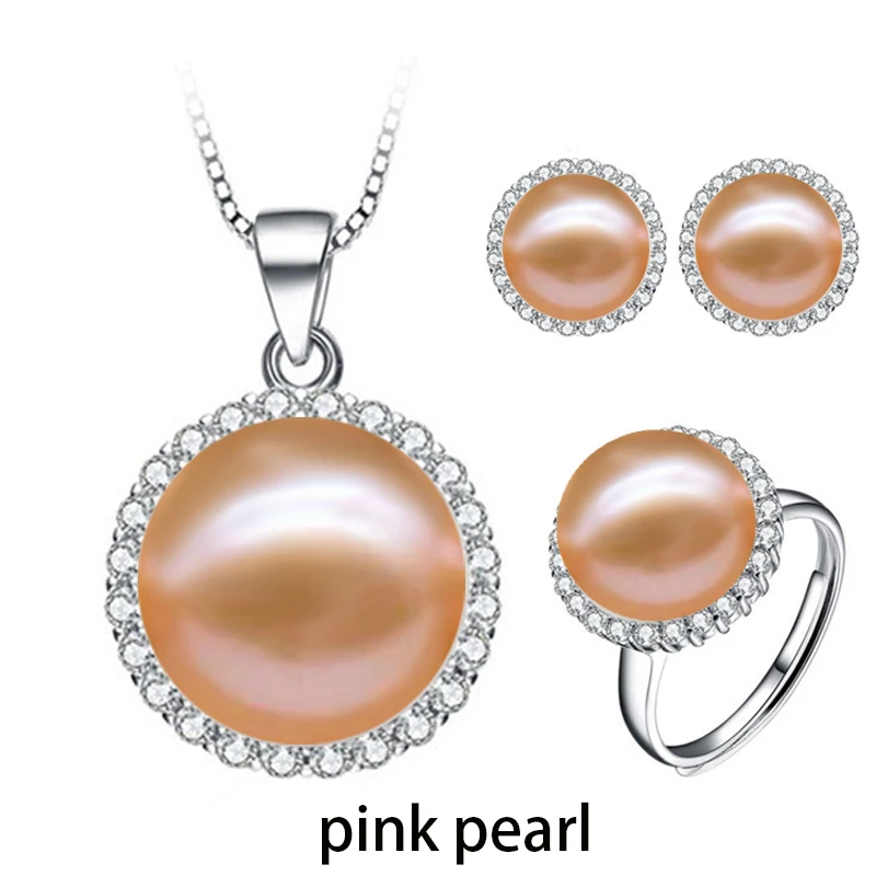 pink pearl set Красивый натуральный настоящий жемчужный набор, роскошные 925 серебряные ювелирные наборы жемчужный кулон серьги кольцо подарок на помолвку - Цвет камня: pink pearl set