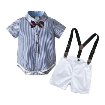 

Toddler Infant Baby Gentleman Suit Baby Clothes Short Sleeve Striped Romper Shorts Kids Clothing Boy Set Suit