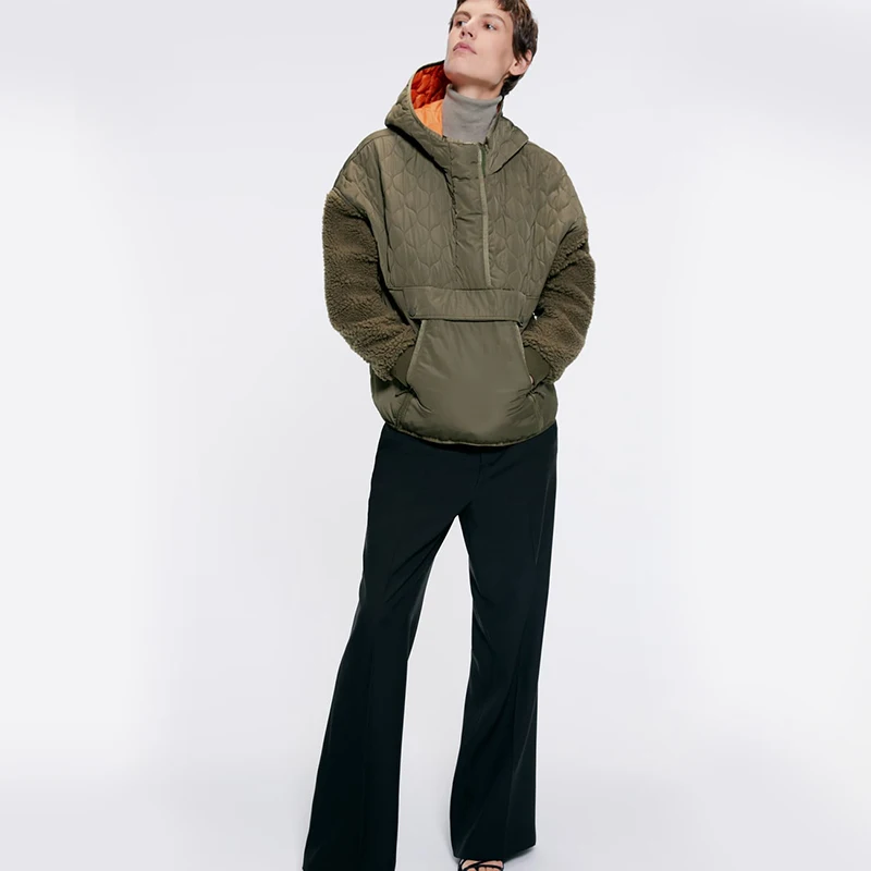 Ladyfirsy ZA хлопковое пальто с капюшоном для женщин модное шикарное лоскутное шерстяной пуловер ArmyGreen женская элегантная верхняя одежда