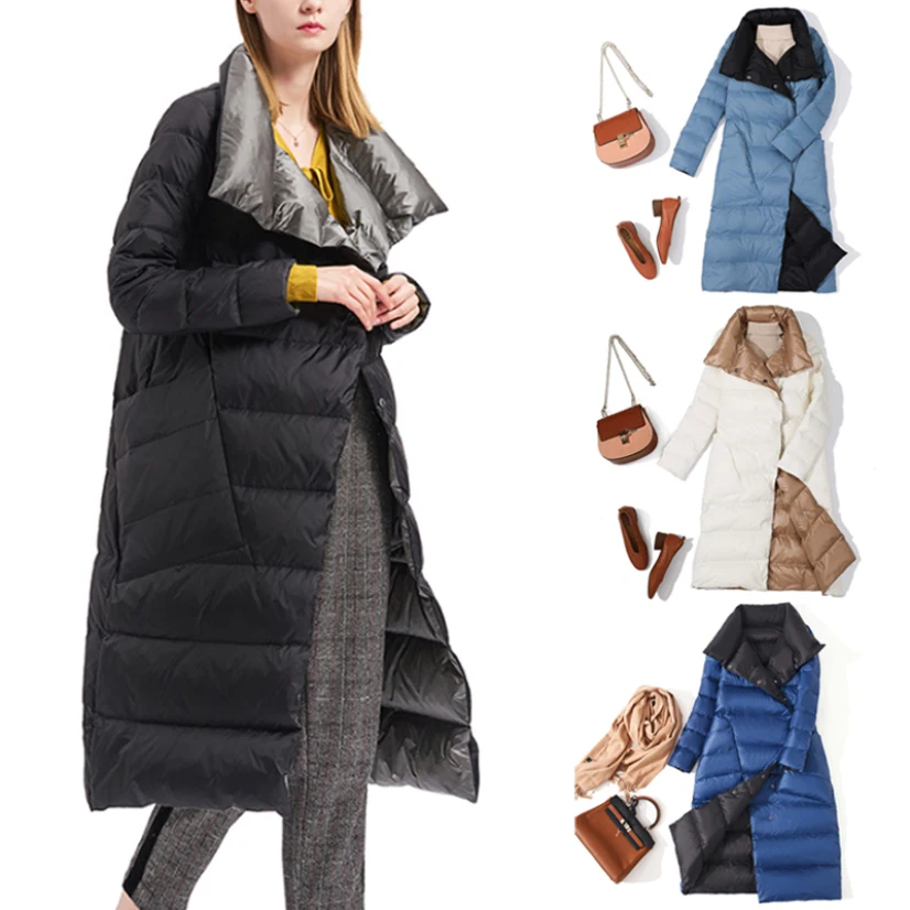 

Double Sided 2020 New Women Down Jacket Winter White Duck Down Warm Breasted X-Long Parka Turtleneck Streetwear Korean Clothing