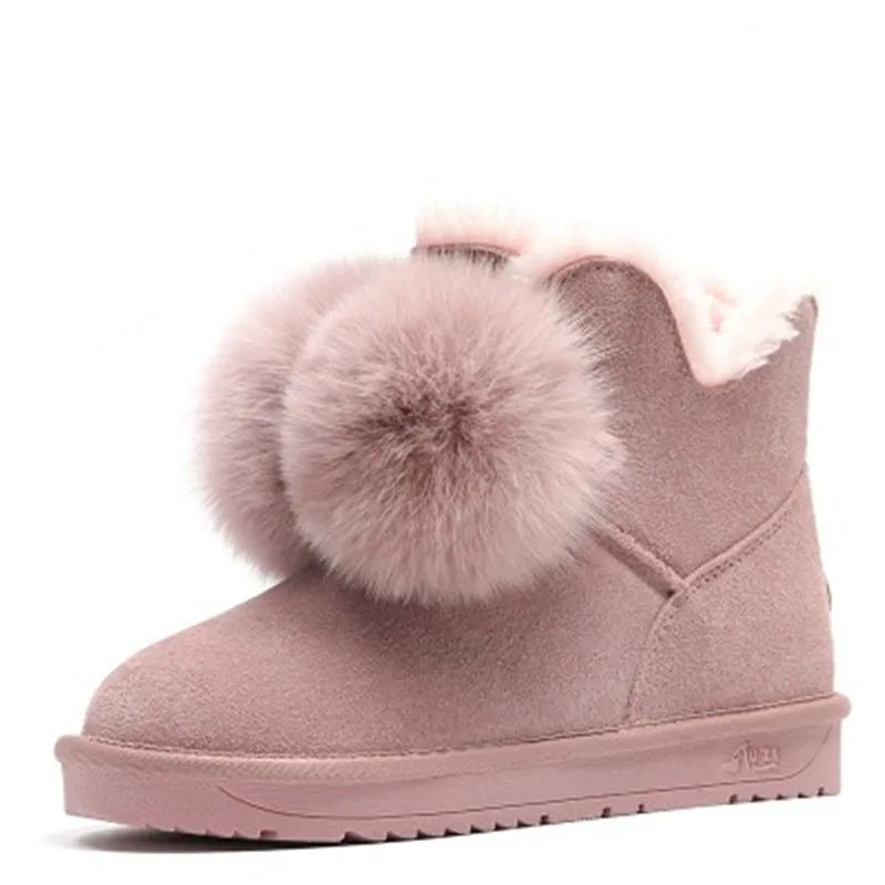 

High-quality Fashion Women Snow Boots Genuine Cowhide Leather Boots Warm Winter Boots Fox pom-pom style ankle winter shoes Pink