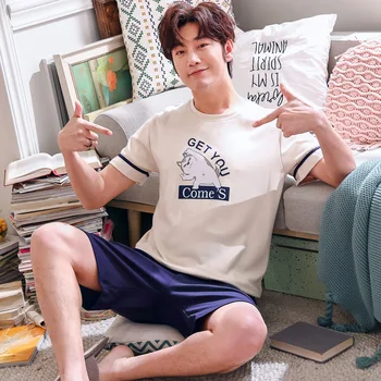 

Summer Men Pajamas Cotton Short-Sleeved Cartoon Korean -Style Leisure Tops Men 's Shorts Casual Thin Suit
