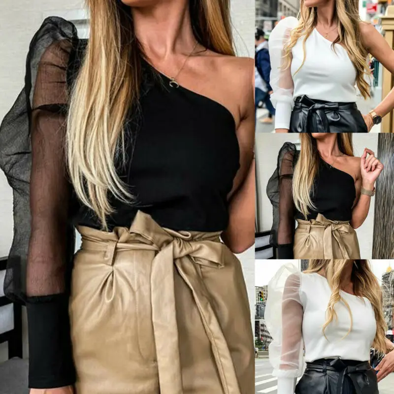 Women Mesh Net Blouse Sheer Puff Sleeve Top One Shoulder Ladies Shirt Sexy Tops Womens Clothing Slim Fit Female blusa feminina