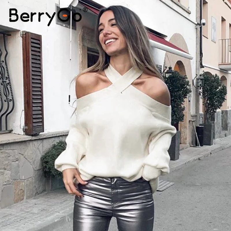 BerryGo сексуальный Холтер с открытыми плечами вязаный белый свитер Женский Повседневный пуловер джемпер свитер элегантный pull femmel мягкий свитер - Цвет: Белый
