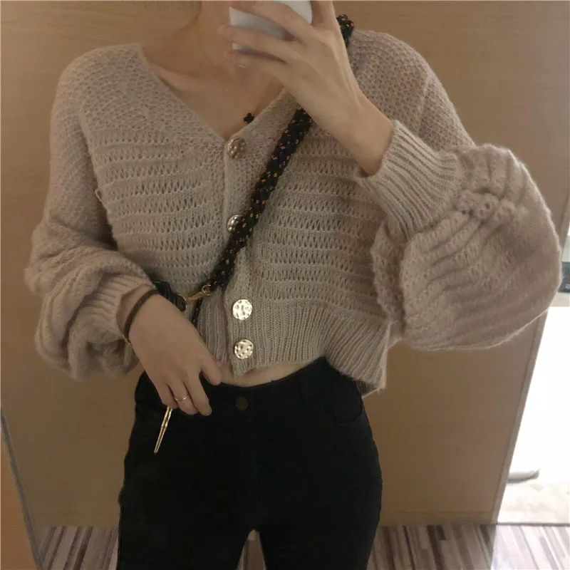 

autumn Sweaters causal style short puff sleeve knitted v-neck cardigans button solid single breasted Women's Clothing Ladies