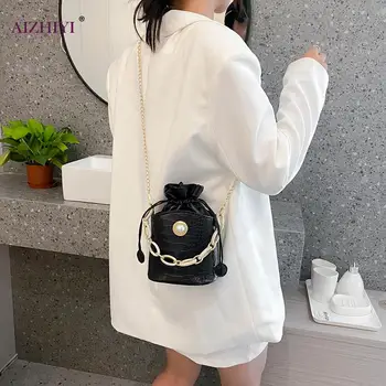 

Popular Simple Female Daily Bag Casual Women Shoulder Bags PU Drawstring Bucket Chain Pure Small Messenger Pouch