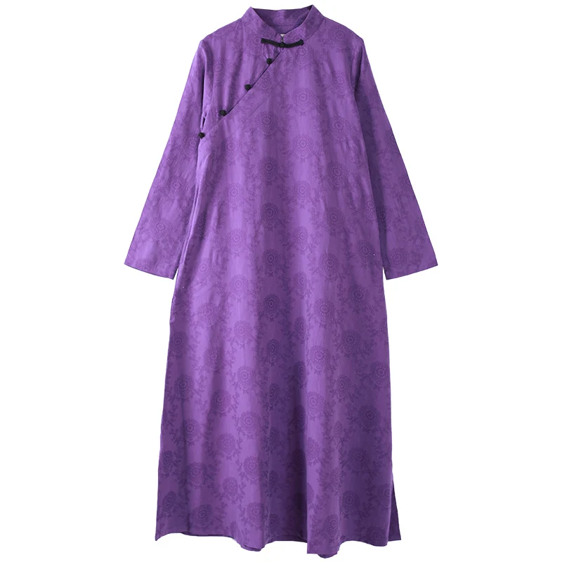 Hisenky Новое Осеннее жаккардовое платье Qipao свободное хлопковое льняное фиолетовое платье Улучшенный китайский стиль Чонсам Длинные свободные платья - Цвет: Purple