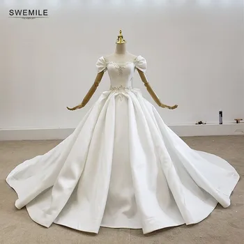 شراءصور حقيقية فاخرة الكرة ثوب الدانتيل فستان الزفاف نفخة الأكمام الدانتيل يصل الزفاف زي العرائس كاتدرائية قطار كبير ربطة القوس فيونكة Vestido