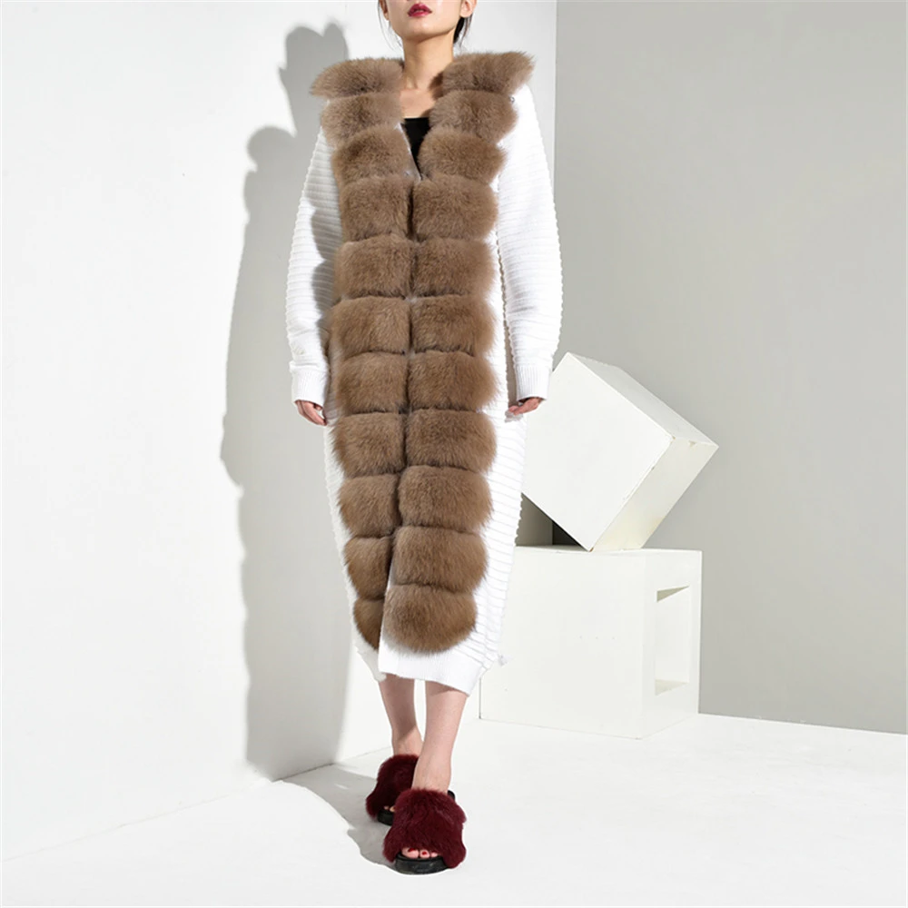 Tatyana Furclub модное белое вязаное с лисьим меховым воротником зимнее длинное вязаное Женское пальто из натурального меха женское трикотажное с поясом
