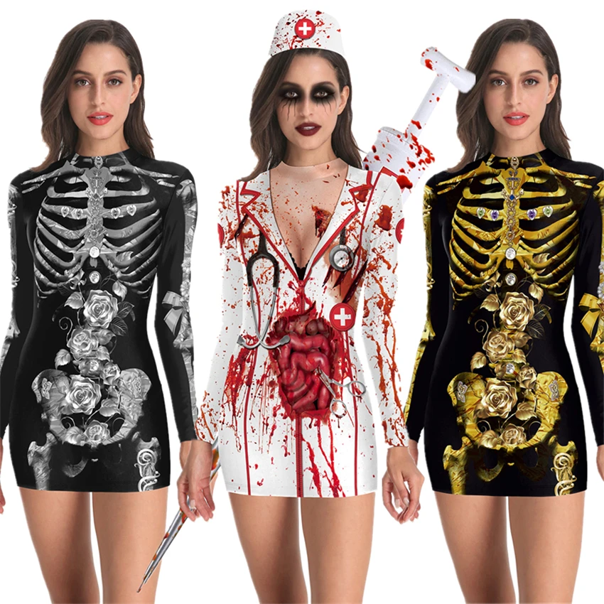 

New Helloween Cosplay Scary Costume Dress for Adult Skeleton Bodysuit Carnival Party Performance Devil Hospital Ghost Women