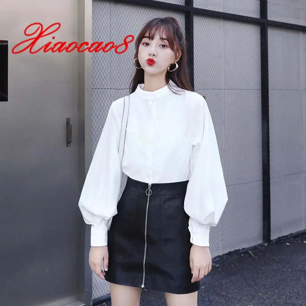 

White Black Stand Collar Chiffon Blouse Women Big Lantern Sleeve Elegant Shirts for Women Solid Loose Office Lady Tops Blouses