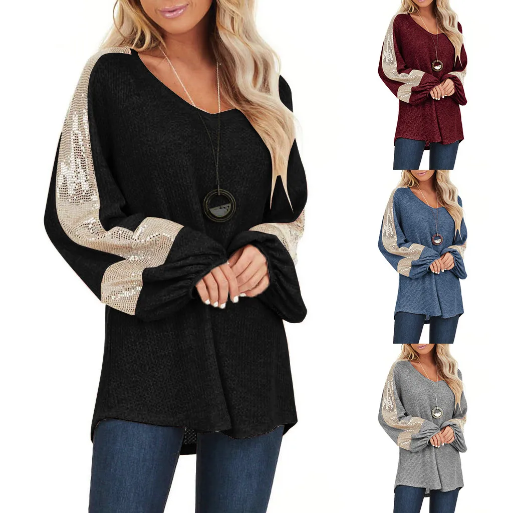 

Fashion Trend Woman blouses shirts Flashy Sequined Shining Stitching Long Sleeve Pullover Tops Shirt Blouse блузка женская@45