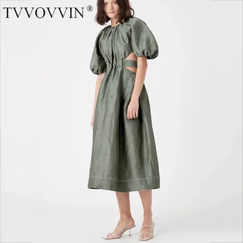 

TVVOVVIN 2020 new spring and summer run way styles round neck lantern half sleeves high wiast hollow out big bottom dress Y6LE