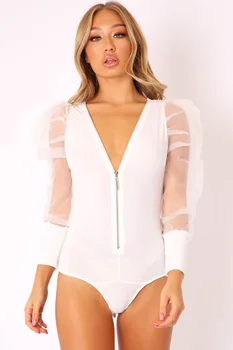 

2020 Women Spring V-neck Full Sleeve Zipper Tees Sexy Bodysuit Solid Mesh See Through Clubwear Party Slim Fashion Bodysuit Top