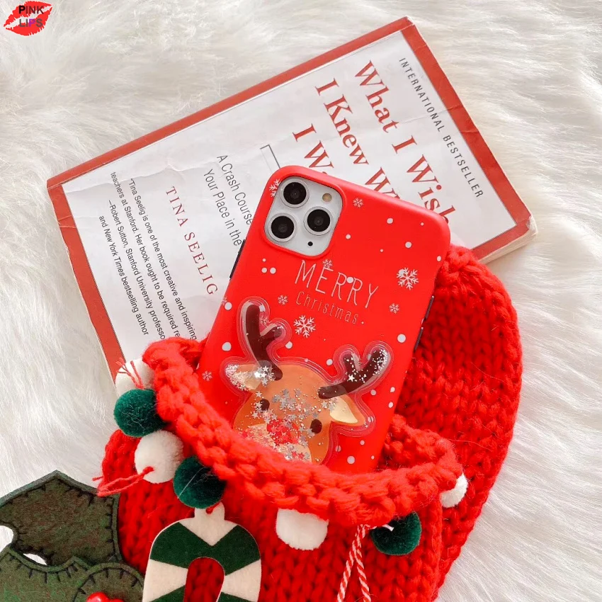 Glitter Christmas Deer Bear Phone Case For iPhone XR 11 Pro XS Max X 8 7 6 6s Plus Dynamic Liquid Quicksand Bling Sequins Cover (11)