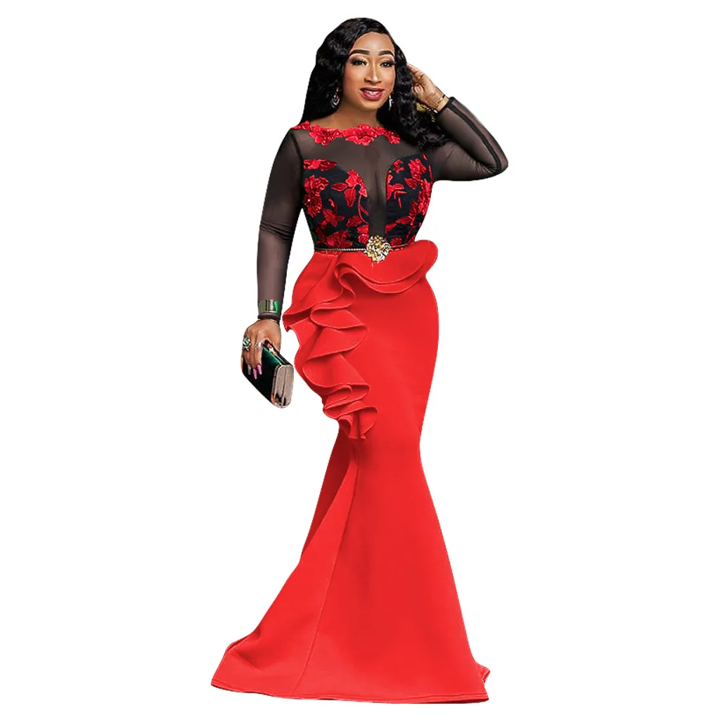 Африканские платья для женщин, дамские Длинные вечерние платья русалки, сексуальное прозрачное Сетчатое платье с оборками, вечернее облегающее Макси-платье - Цвет: Красный