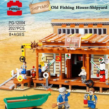 

City Street Series MOC Old Fishing House Shipyard Creator Expert Fit Lepining Bricks Model Building Blocks Repairing yard Toys