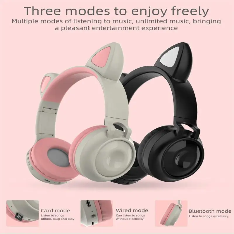 HobbyLane Wireless Bluetooth 5 0 Cute Ear Headphones Foldable Stereo Headset with Mic LED Light Volume Control Support For Kids