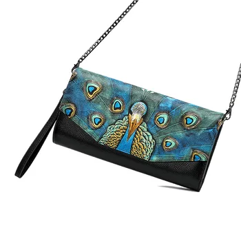 

2020 new leather clutch bag shoulder messenger bag peacock first layer cowhide hand-painted bag