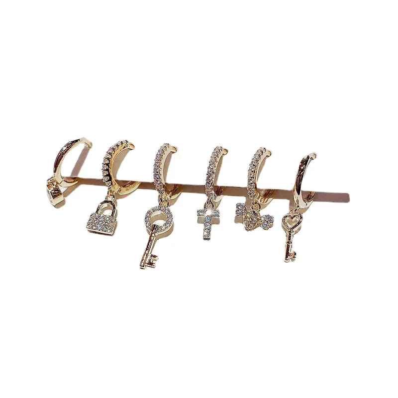 ALLNEWME Korean Small Lock Key Cross Pendant Earrings for Women Ladies Full Shinning Rhinestone Earrings Exquisite Accessories