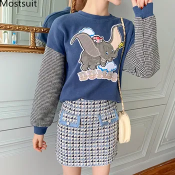 

2020 Spring Korean Fashion 2 Piece Skirt Suits Set Women Cartoon Sweatshirt Tops + Plaid Mini Skirt Suits Sweet Casual 2 Pcs Set