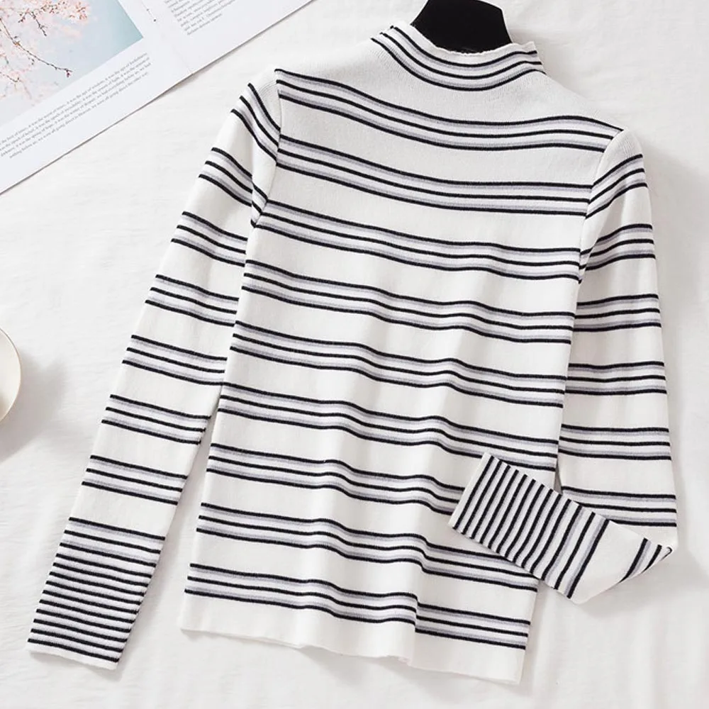 

Long Sleeve Knitted Warm Sweater Shirt Women Pullover 2020 Korean Oversize O-Neck Top Elasticity Slim Fit Striped Casual Clothes