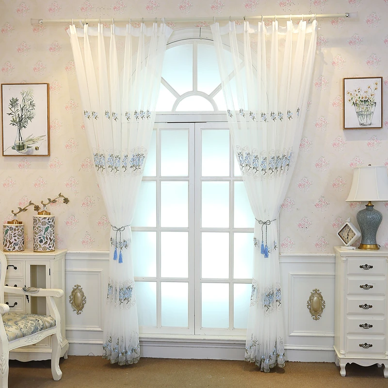 Красивые кружевные занавески из прозрачного тюля с вышивкой в деревенском стиле, розовая вуаль с цветами для гостиной, комнаты для девочек, бежевые, синие шторы ZH015& 40
