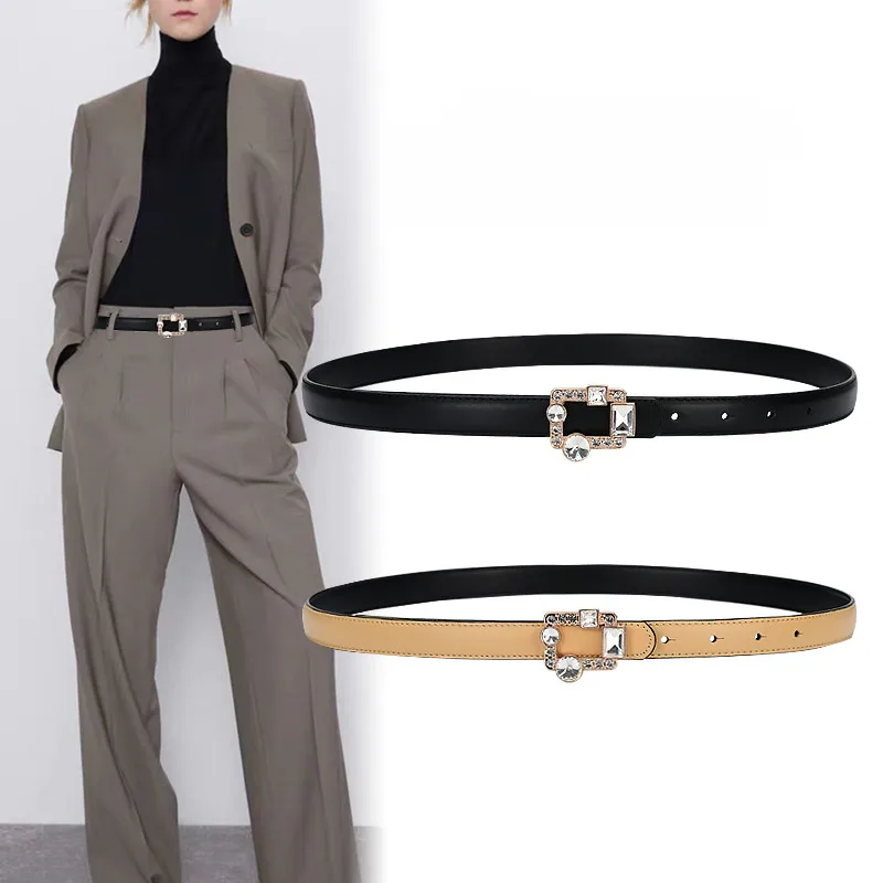 

Genuine Leather Belts for Jeans women NEW Fashion Crystal square buckle thin double sides Cowskin Waistband Dress party decorate