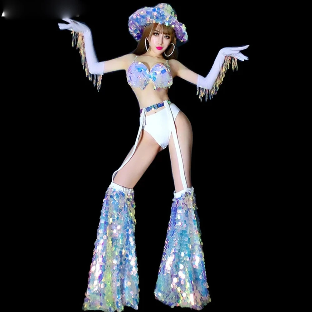 

Nightclub show singer Sexy Stage Wear Glitter Scale Sequin Bikini Tassel Gloves Outfit Festival Party Show Nightclub Costume