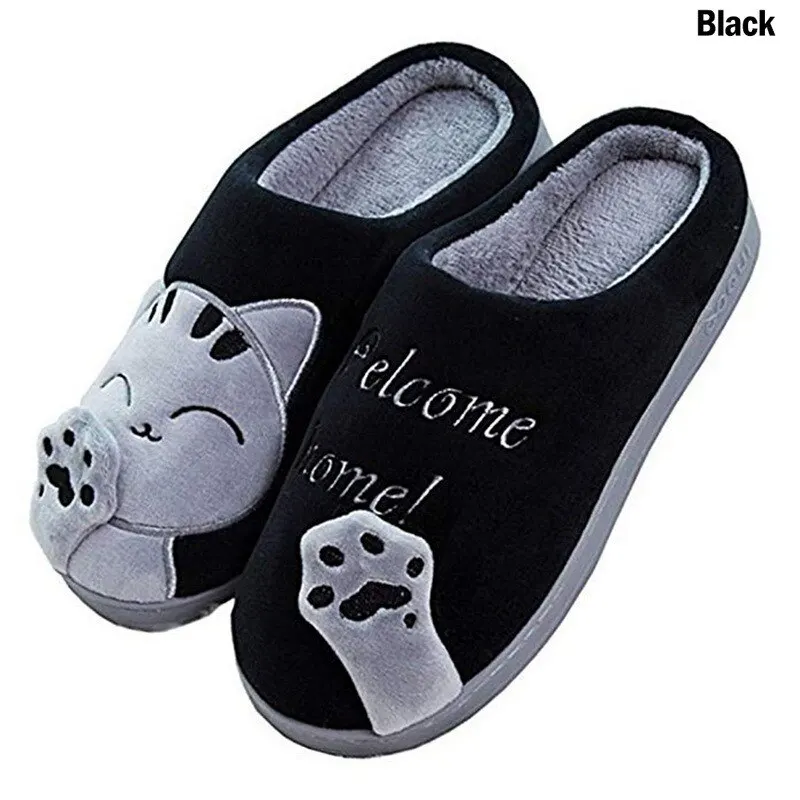 Zapatillas de casa de felpa con dibujos animados de gato para mujer, zapatillas femeninas cálidas para el hogar, con suela de goma antideslizante, zapatillas de invierno para interior