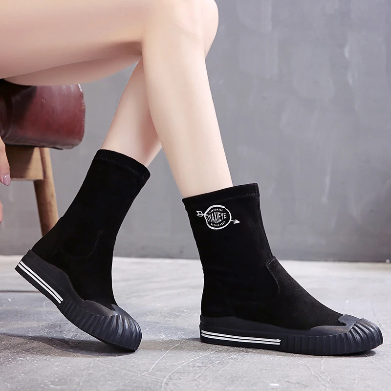 

Flock Boots Women Fashion Solid Middle Slip-on Thick Martin Boots Round Toe Shoes Outdoor Med Heels Winter Female Warm Shoes