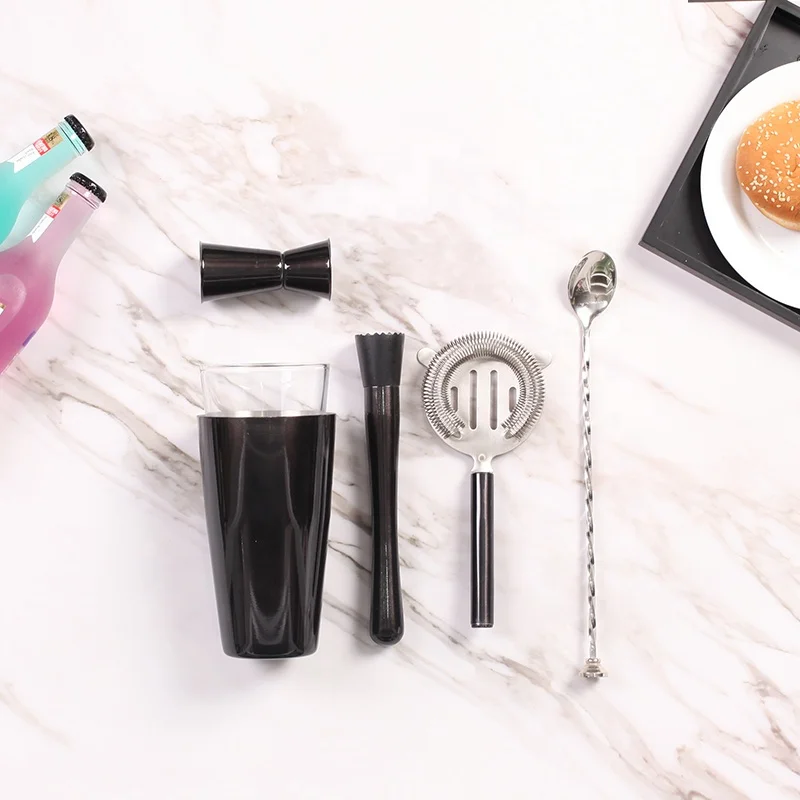 Unique cocktail shaker bar 5-piece stainless steel black cheap bar set
