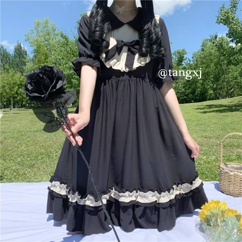 

European clothing Lolita Black Dress Gorls Summer Student Kawaii Loli Clothes Victorian Vintage Japanese Cute Party Dress BL4264