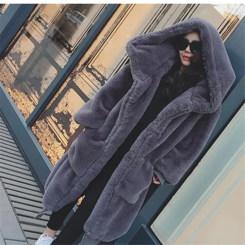Зимние женские пальто из искусственного меха кролика пушистые куртки с капюшоном толстые теплые длинные женские свободные пальто Роскошная Куртка Верхняя одежда f1820