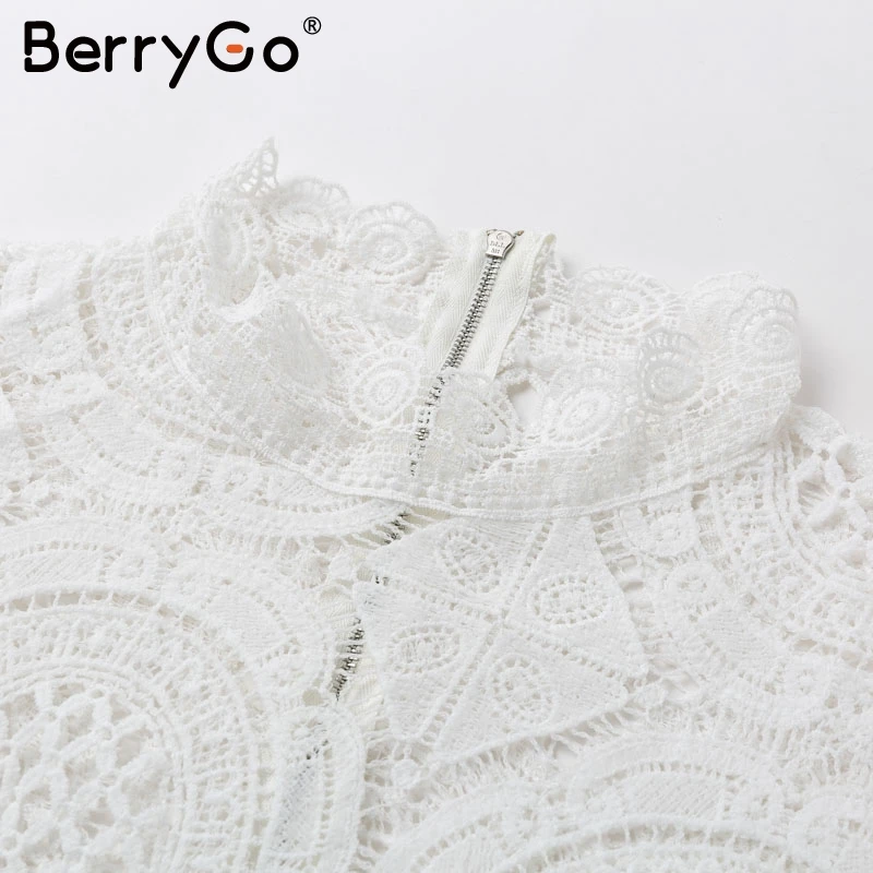 BerryGo сексуальное открытое белое платье с высоким воротом, женское элегантное кружевное платье с длинным рукавом для вечеринки, шикарное прямое женское осеннее короткое платье