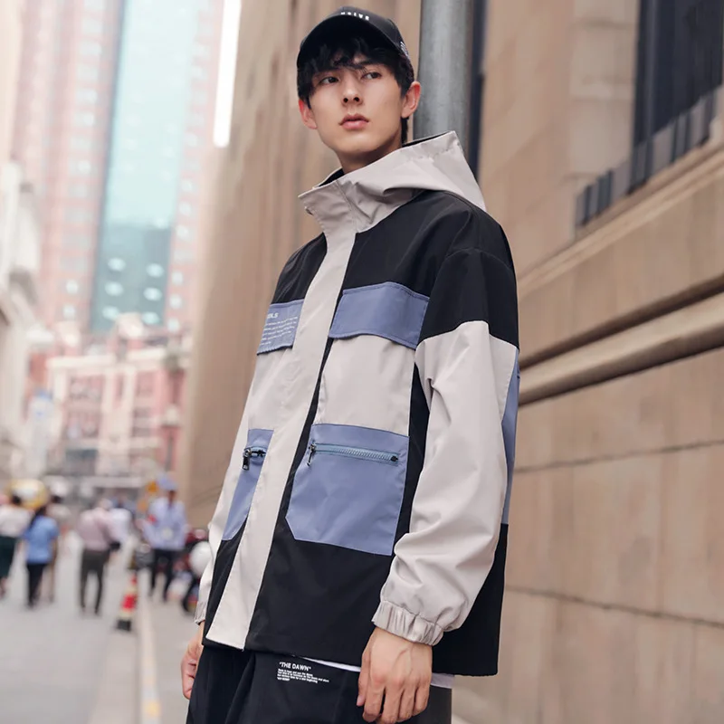 

Casual Men's 2019 Hip Hop Autumn Jackets Men Windbreaker Patchwork Loose Casual Male Coats Zipper Tracksuit Streetwear M-2XL